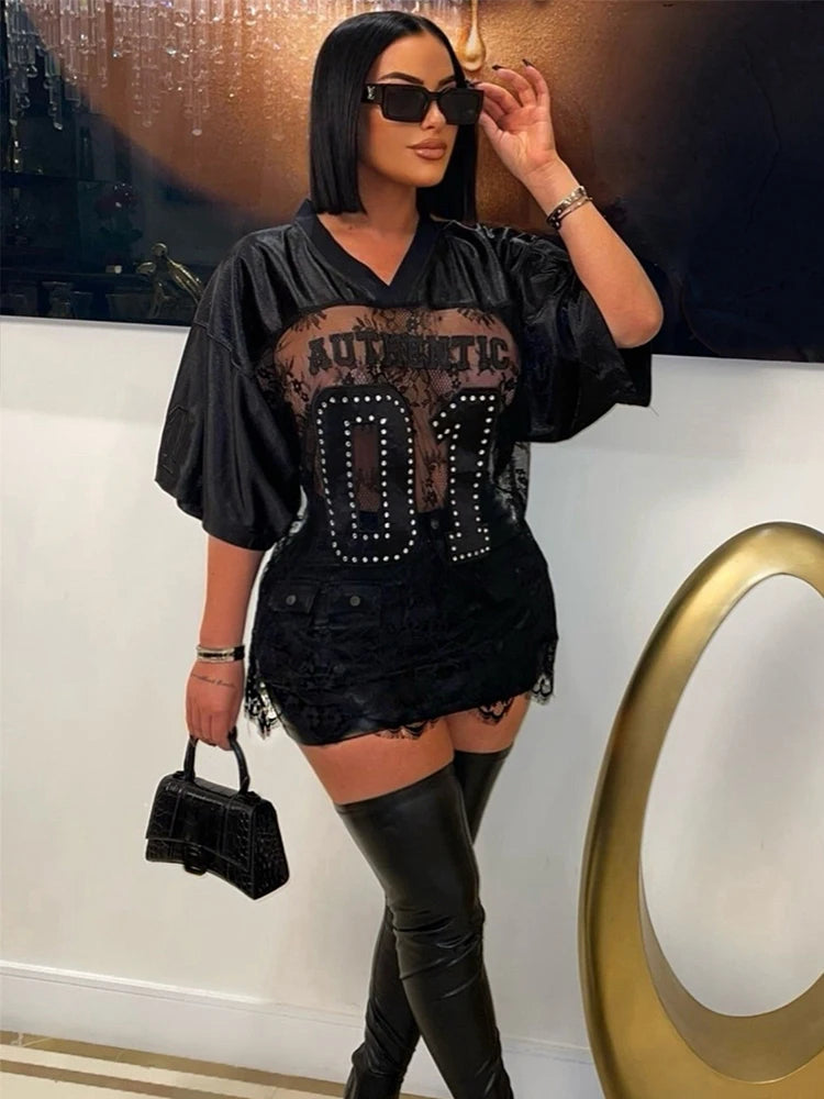 Weird Puss Jacquard Letter Print T-Shirts Women V-Neck See Through Backless Loose Short Sleeve Y2K Sexy Trend Streetwear Tops