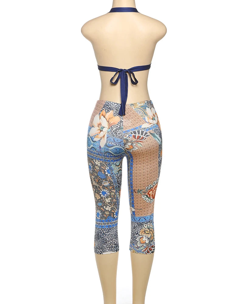 Weird Puss Colorful Print Women 2 Piece Set Tracksuit Summer Backless Camisole+Shorts Matching Street Stretch Activity Outfits