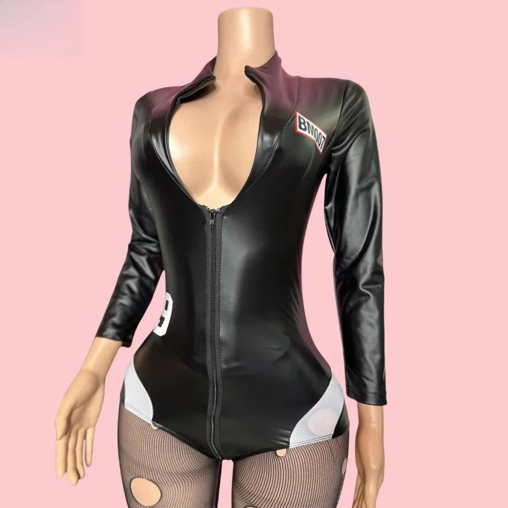 HLJ&GG Black Sexy Deep V Letter Print Bodysuits Women Zipper Long Sleeve Stretchy Bodycon Romper + Mesh Skinny Socks Outfits New