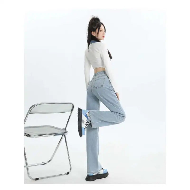 Ladies Vintage Wide Leg Jeans Girls High Waist Pants Female Fashion Black Black Grey Retro Blue Light Blue Pink Trousers