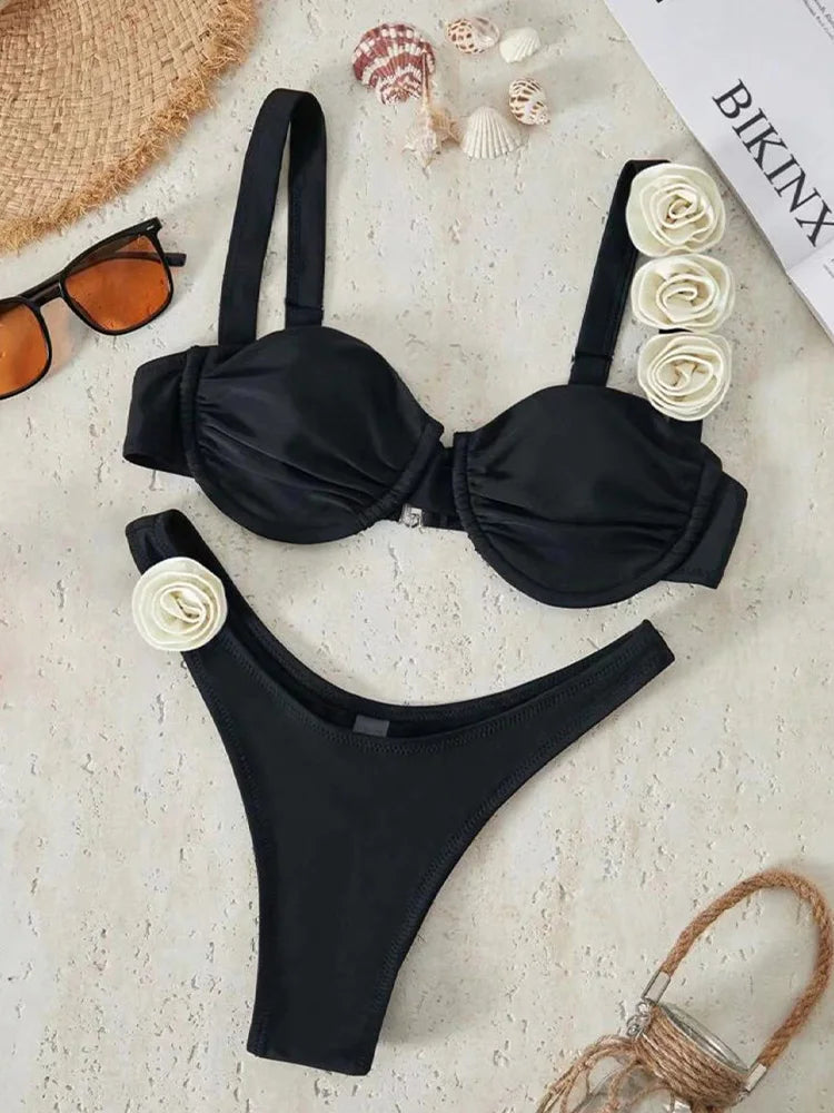Sexy Solid Backless Floral Bikini Set Women Split Swimsuit High Waist Beach Bikini 2025 New Summer Swimwea Bikinis Set