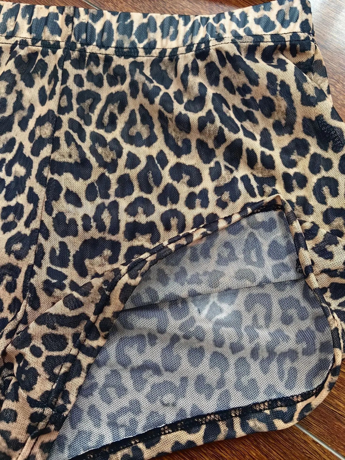 Weird Puss Leopard Print 2 Piece Set Women Square Collar Backless Tank Tops+Peach Hip Shorts Mesh See Through Sexy Trend Outfits