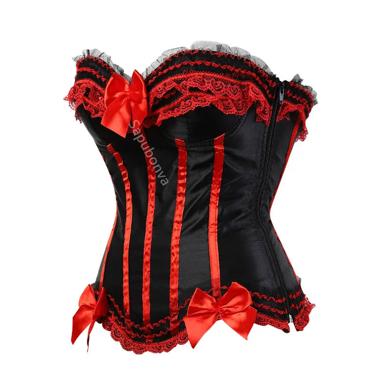 Sapubonva Lace up corsets bustiers top sexy satin overbust corset striped ladies satin halloween big size red black pink korsett