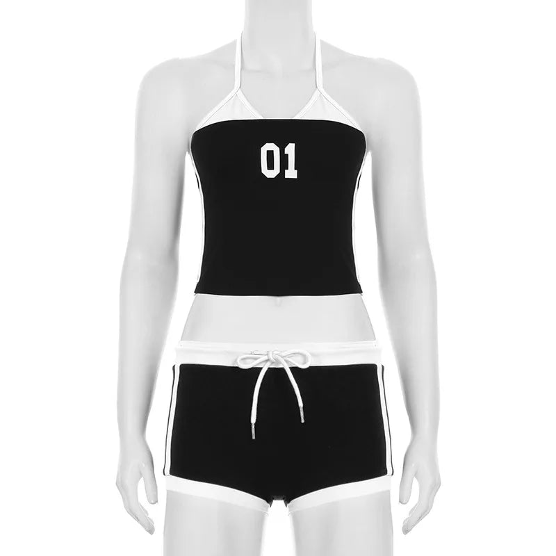 HLJ&GG Sexy Letter Printing Baddie 2 Piece Sets Outfits Spaghetti Strap Halter Backless Tank Crop Tops + Shorts Suits Streetwear
