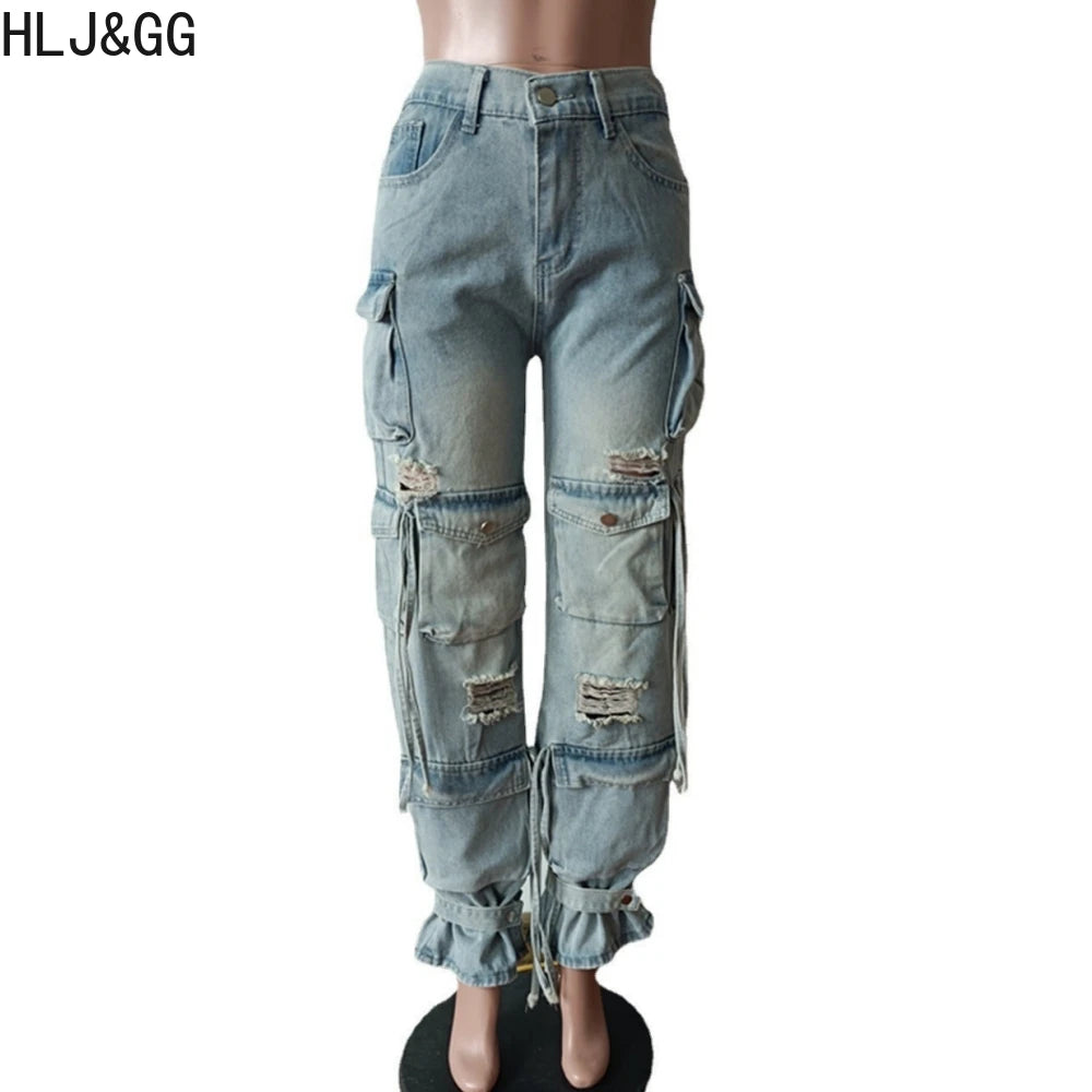 HLJ&GG American Vintage Letter Print Two Piece Sets Women Zip Long Sleeve Slim Top+jeans Pocket Pants Outfits Fashion Streetwear
