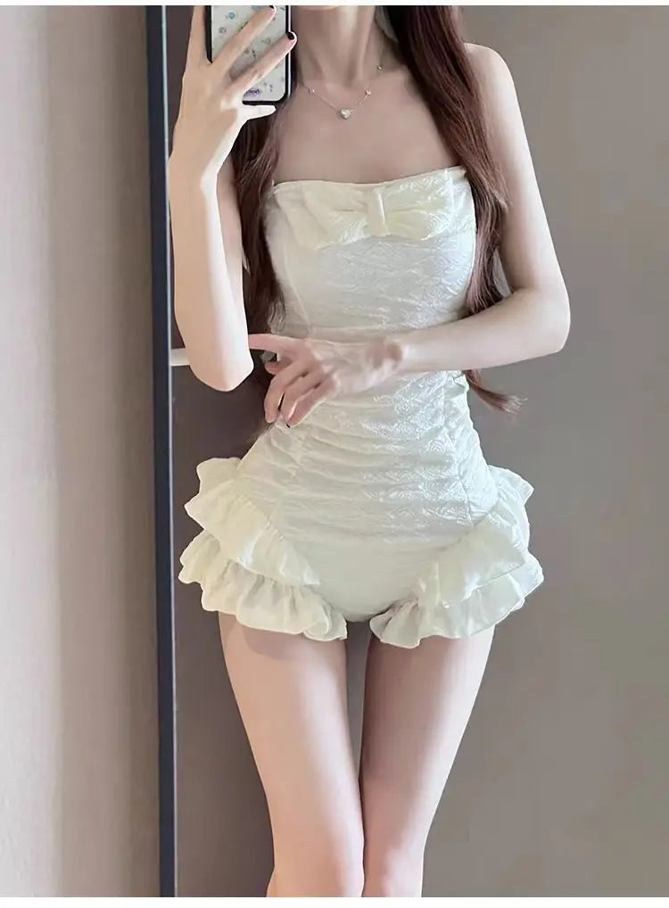 sexy Korean fashion conservative bow swimsuit one piece beige ruffles pearl strapless bodysuits bikinis cute beach outfits