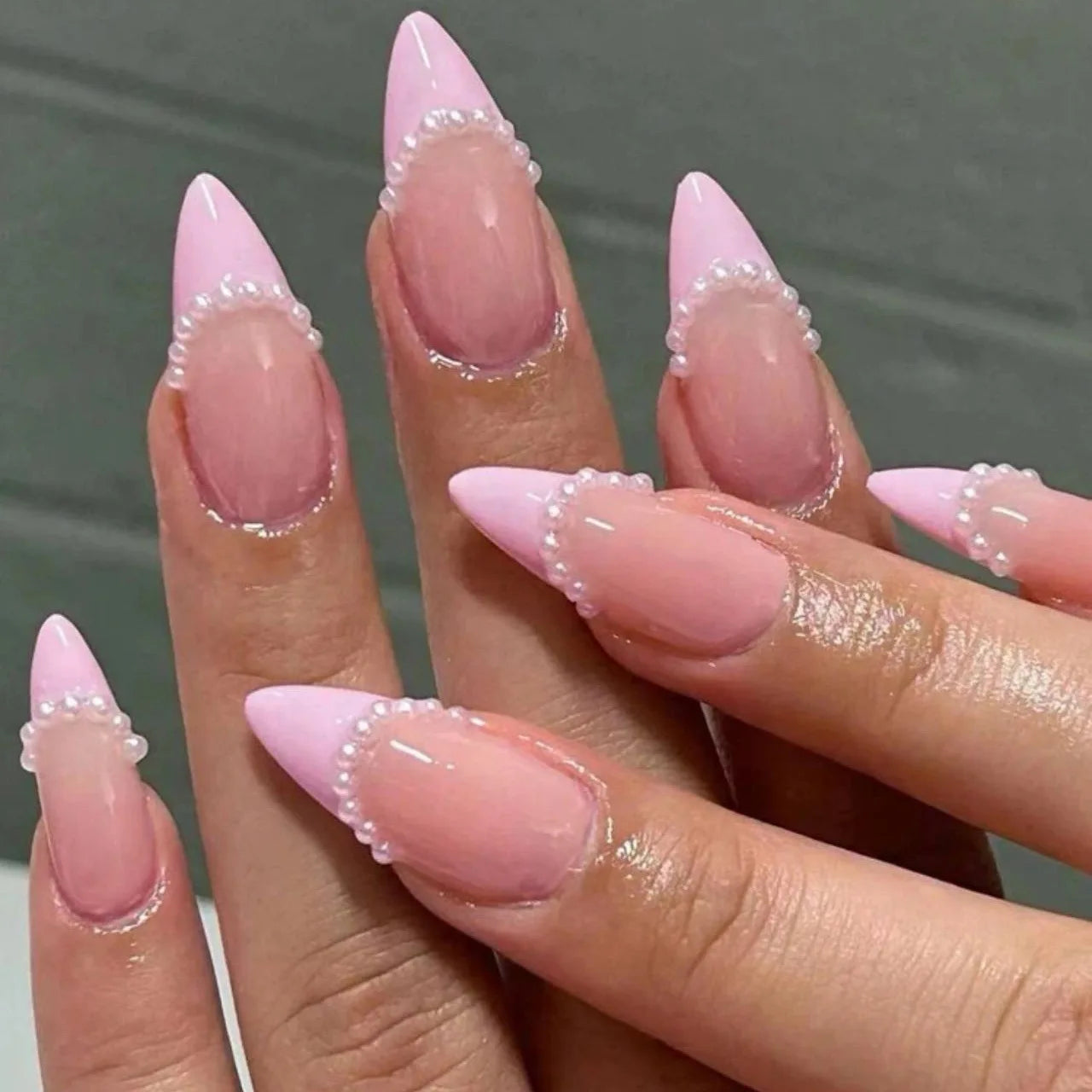 24pcs French Almond False Nails Sweet Pink Pearl Bow Decor Fake Nails Wearable Detachabe Sweet Korean Press on Nails for Girls