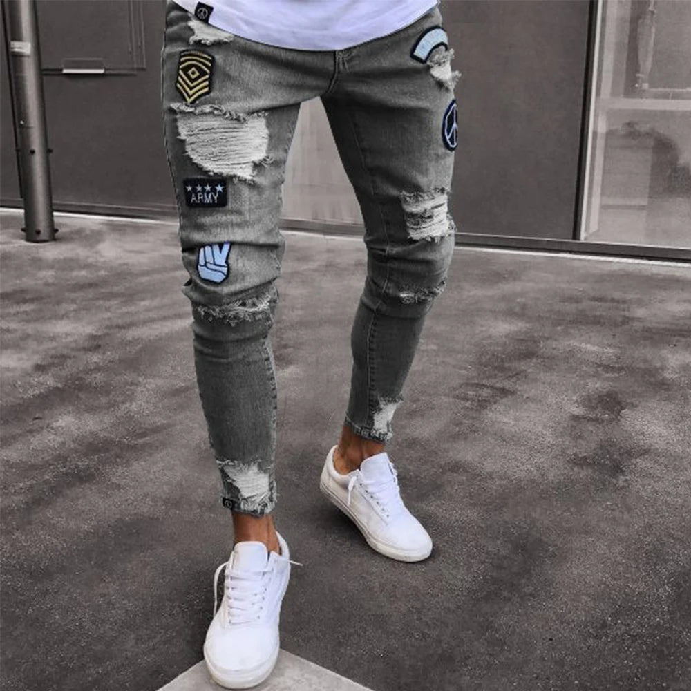 White Embroidery Skinny Ripped denim Men Cotton Stretchy Hole Slim Fit Hip Hop Denim Pants Casual Jeans for Men Jogging Trousers