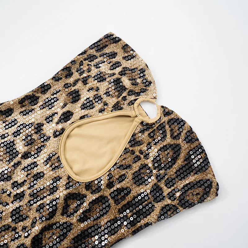 HLJ&GG Y2K Fashion Leopard Sequined Shorts Two Piece Sets Women Letter Print Round Neck Slim Crop Top And Shorts Outfits 2025