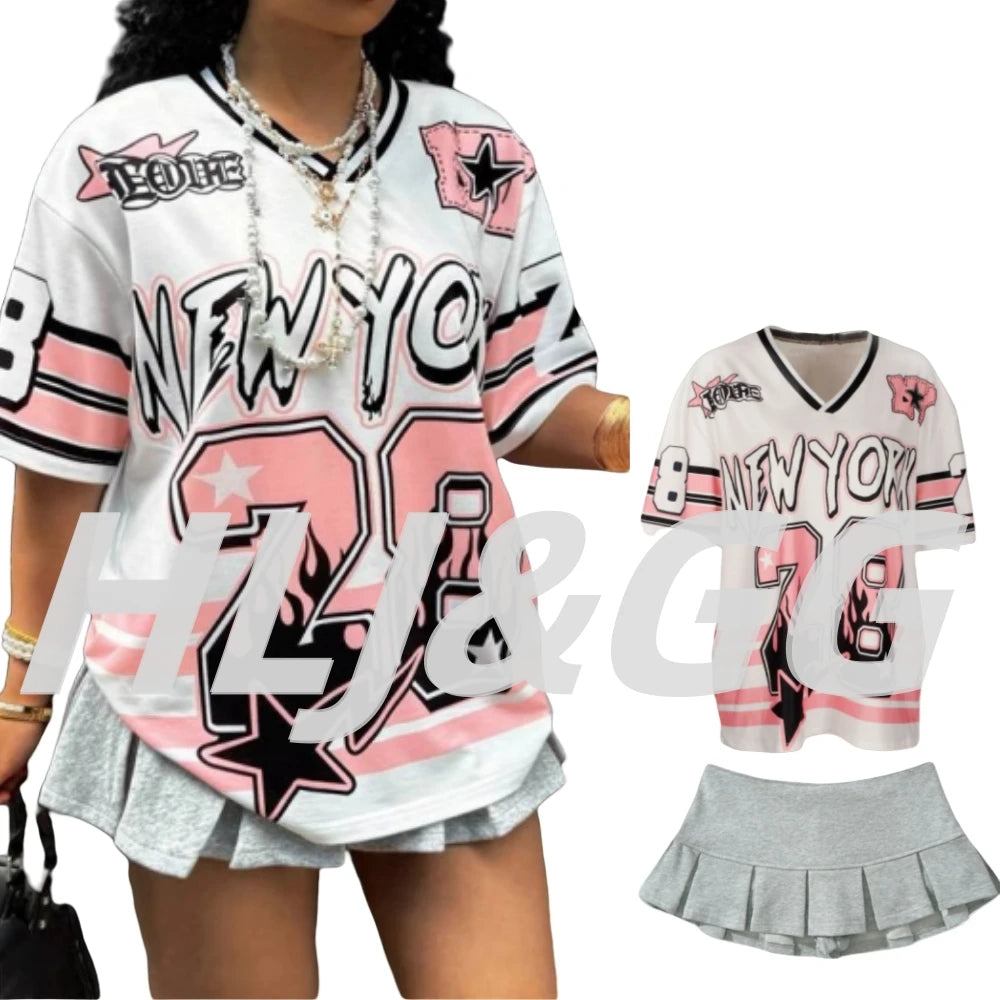 HLJ&GG Pink Fashion Letter Loose Tshirts Two Piece Sets Women V Neck Short Sleeve Top+Pleated Mini Skirts Outfits Y2K Streetwear