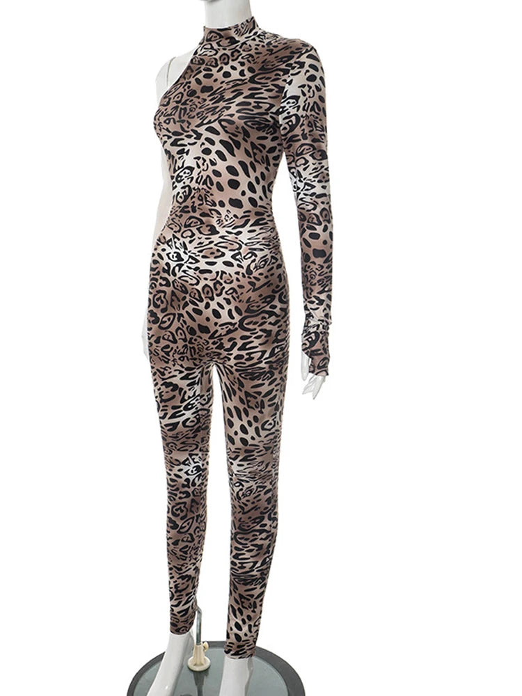 Kricesseen Women's Single Shoulder Mock Neck Leopard Print Skinny Jumpsuits Club Overalls Fitted Animal Print One Piece Outfits