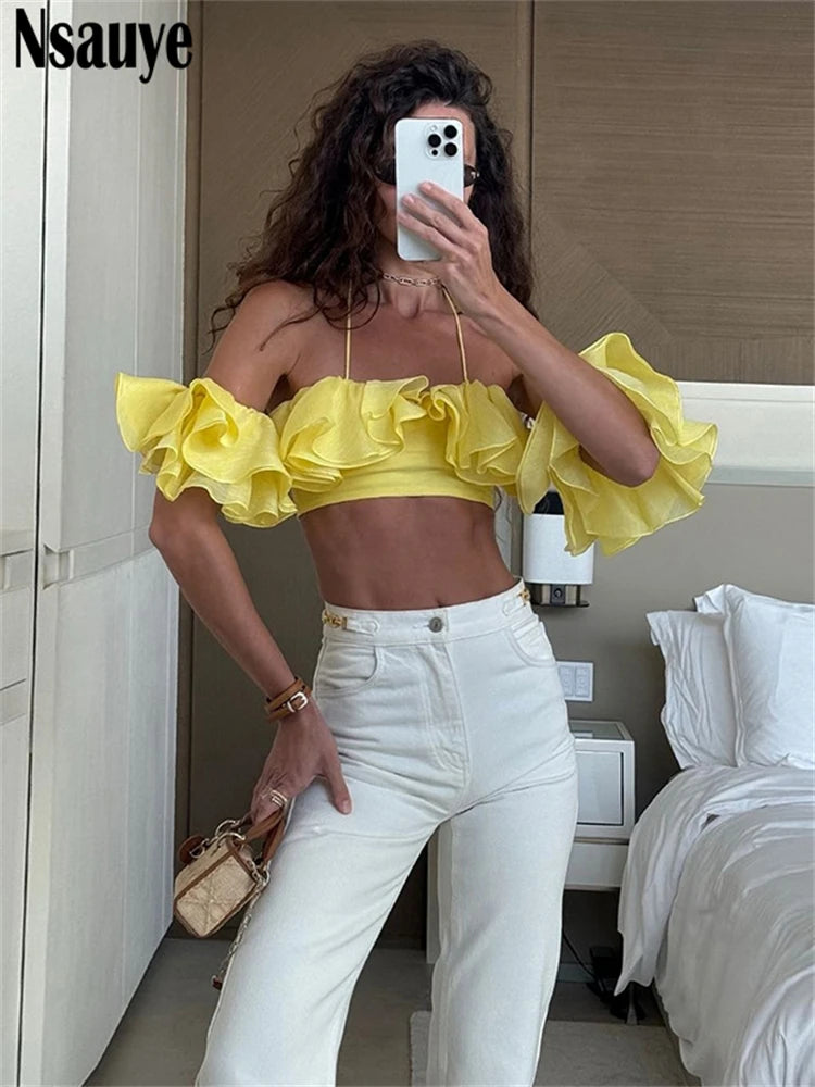 Nsauye Kawaii Cute Off Shoulder Aesthetic Crop Top Streetwear Women Clothes Y2K Sexy Halter Backless Tank Tops Night Club 2025