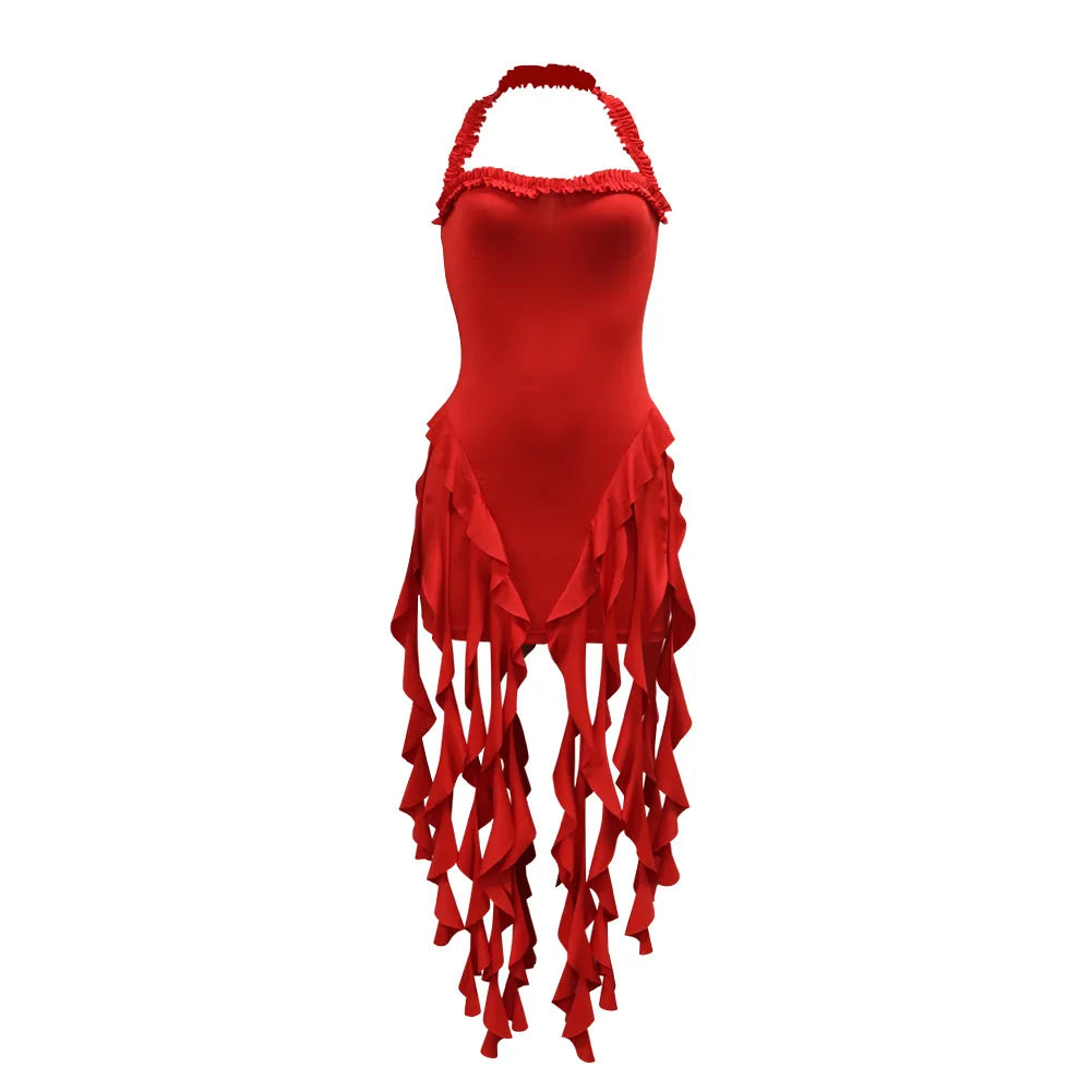 Weird Puss Sexy Halterneck Dress Women Chic Irregular Tassel Hem Backless Midnight Skinny Stretch Birthday Party Club Bodycon