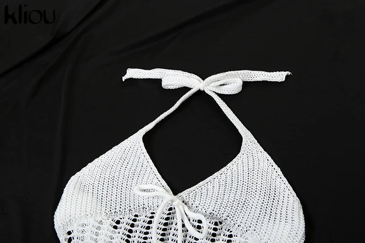 kliou Crochet Halter Dress Women See Through Bandage Sleeveless Backless Sheath Low Neck Vestidos Concise Solid Girls Streetwear