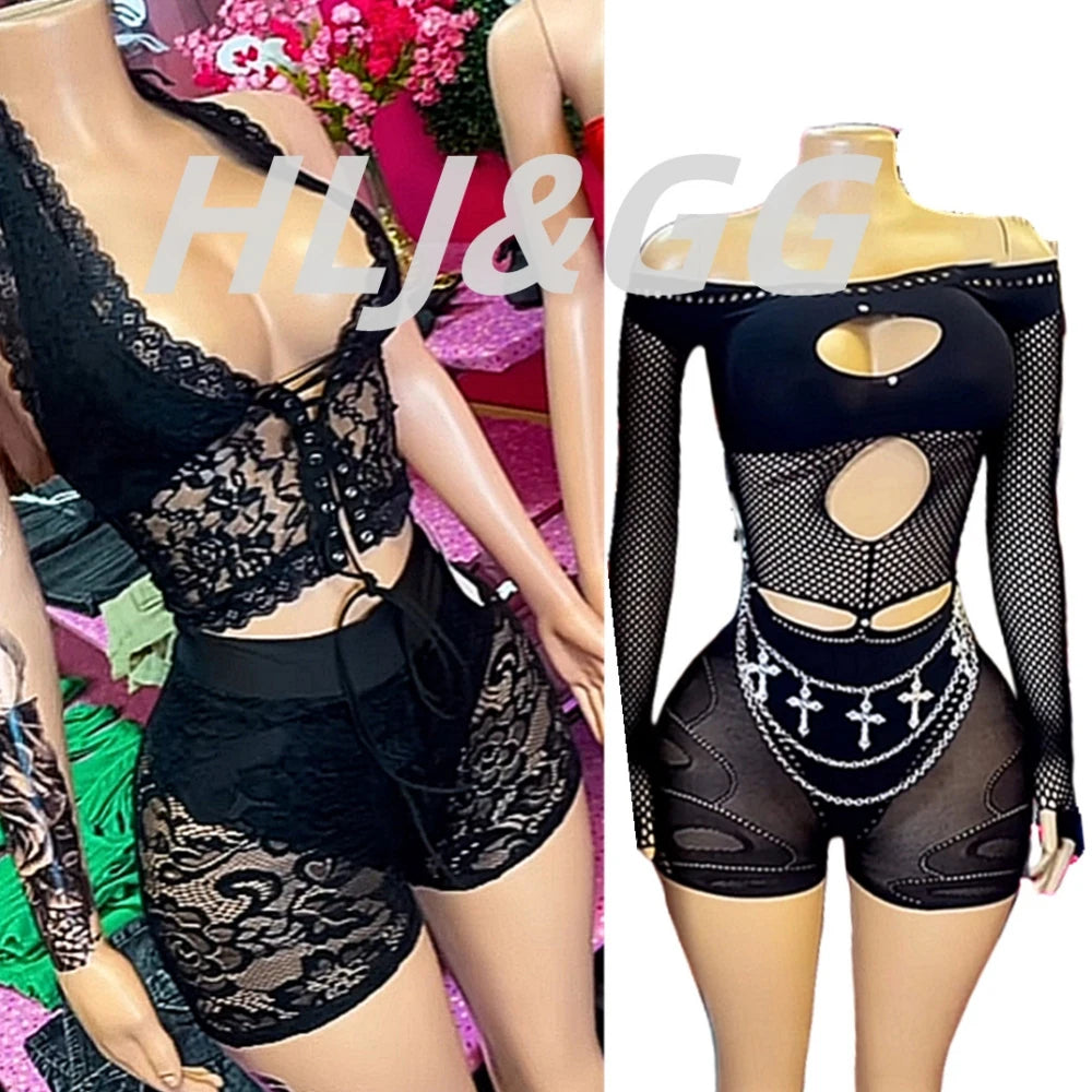 HLJ&GG Sexy Lace Hollow See Though Two Piece Sets Women V Neck Spaghetti Strap Slim Crop Top + Shorts Outfits Fashion Streetwear