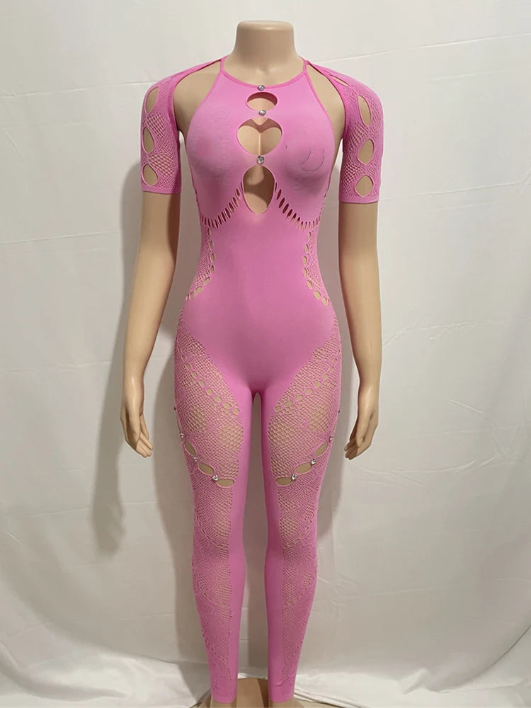 Weird Puss Rhinestone Embellished Women Jumpsuit Backless Halter Hollow Sheer Sexy Slim One Pieces Bodycon Hottie Party Clubwear