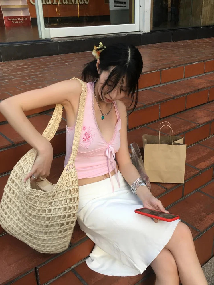 Tonngirls Y2k Fairycore Tank Tops Women Lace Print Graphic Tops Sleeveless Japanese 2000s Camis E-girls Streetwear Halter Tops