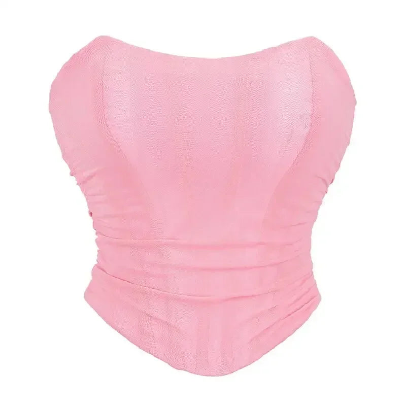 Pink Women Corset Sexy Overbust Bustier Crop Top Lace-Up Plastic Boned Corsets and Bustiers Body Shaper Short Torso Kорсет