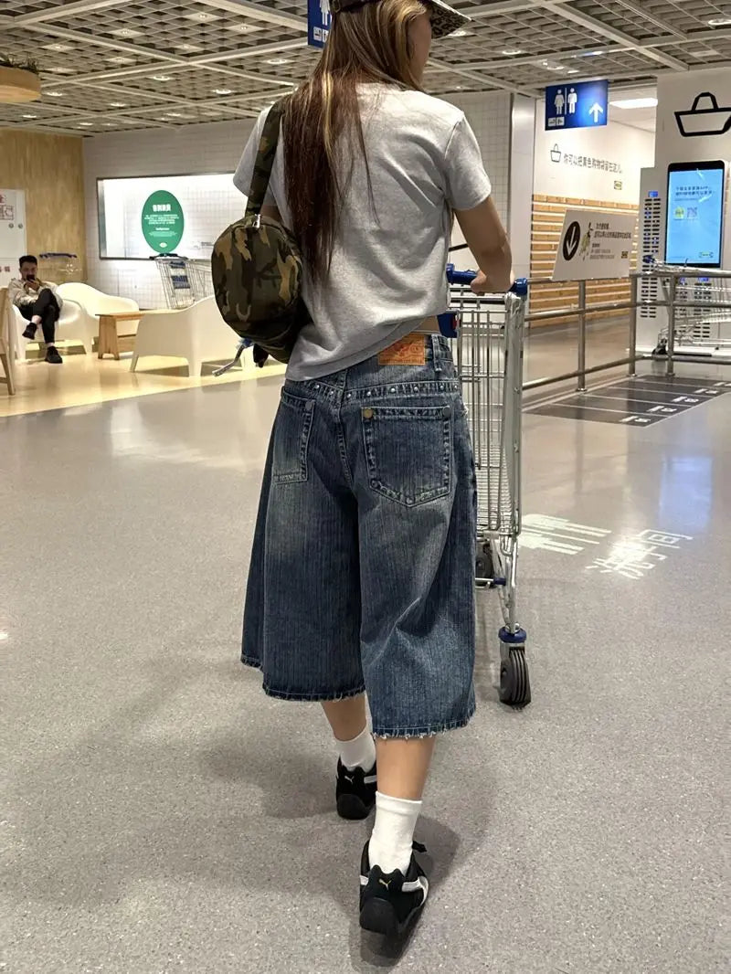 Harajuku Street Style Y2K Vintage Shorts High Waist Baggy Punk Blue Jean Women Casual Loose Fit Calf Length Denim Shorts
