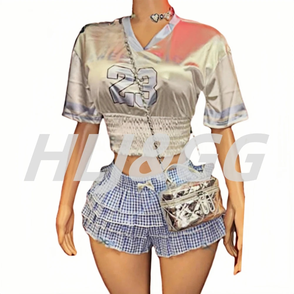 HLJ&GG Summer New Letter Y2K Streetwear Women V Neck Short Sleeve Slim Crop Top And Ruffle Plaid Shorts Two Piece Sets Outfits