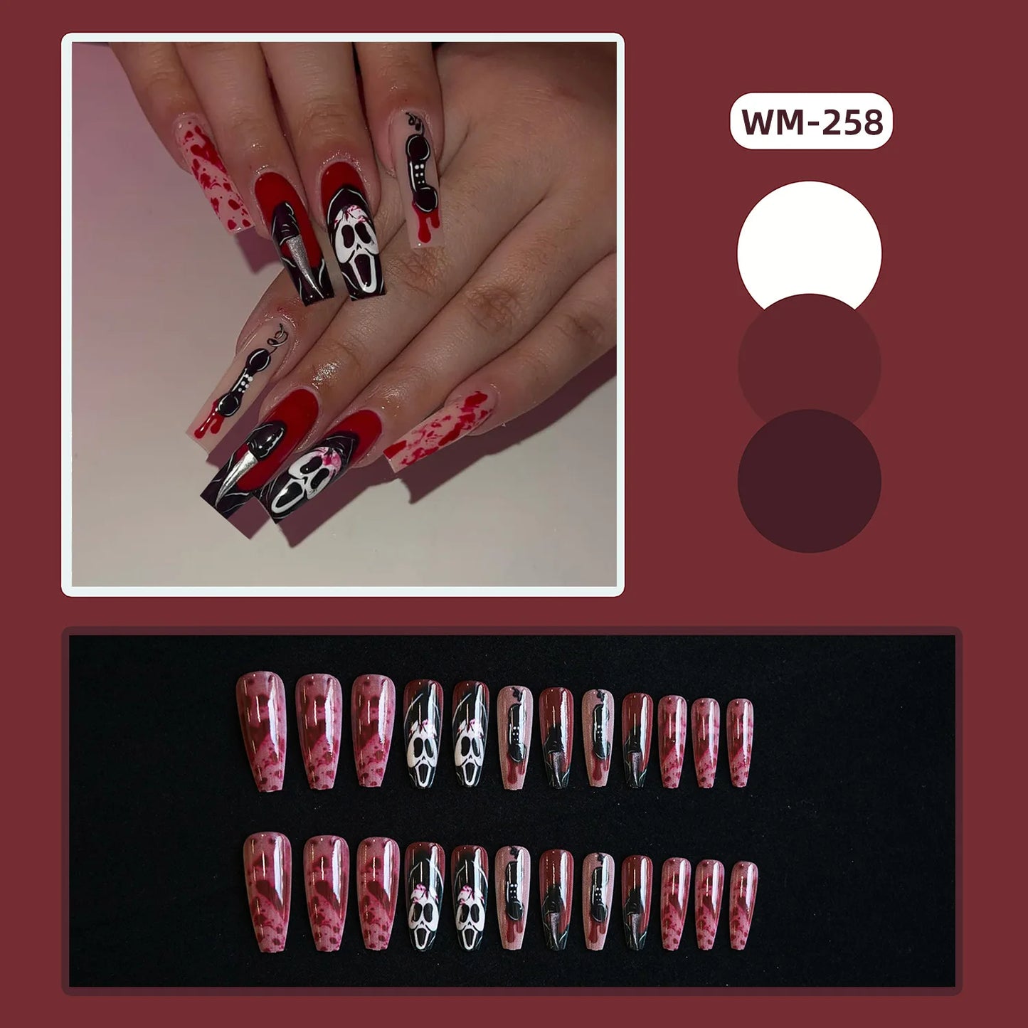 24pcs Halloween False Nails Ghost Witch Pumpkin Print Fake Nails Tips Wearable Detachable European Long Ballet Press on Nails