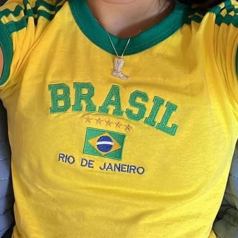 Aesthetic BRASIL Letter Print T-Shirt and Shorts Suit, Vintage Grunge Short Sleeve Baby Tees, Summer Crop Top Y2k Clothe
