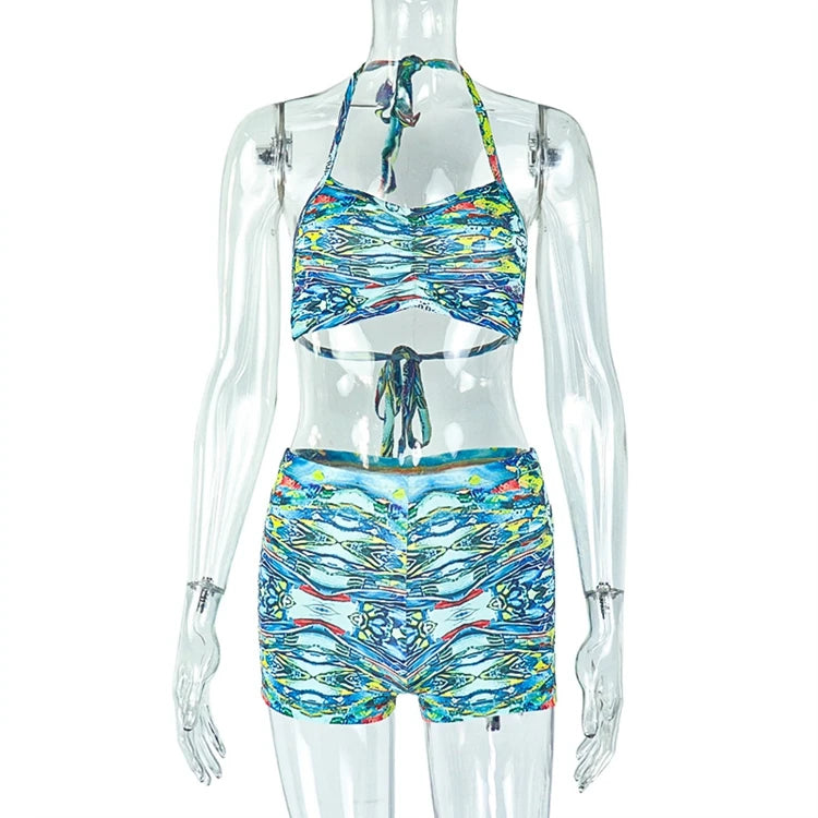 STYLISH LADY Holiday Beach Printed 2 Piece Set Women Halter Backless Crop Top and Shorts Suits 2025 Summer Sexy Club Outfits
