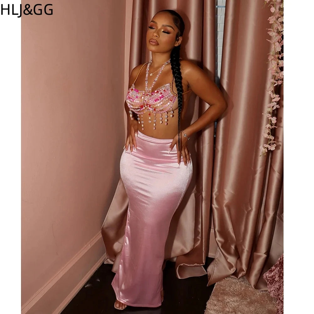 HLJ&GG Sexy Rhinestone Beads Halter Hollow Two Piece Sets Women Sleeveless Backless Top + Satin Skinny Skirts Outfits Streetwear