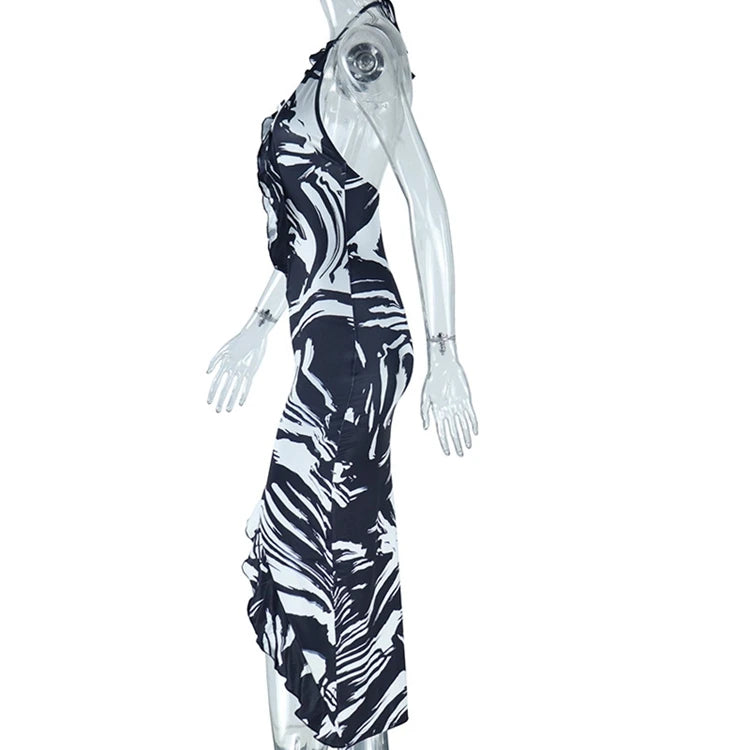 STYLISH LADY Black White Striped Printed Dress 2025 Summer Women Halter Backless Bodycon Sexy Club Party Split Long Dresses