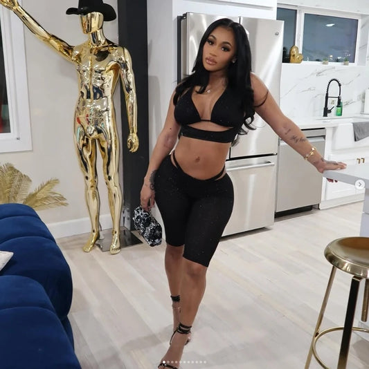STYLISH LADY Black Sparkly 2 Piece Set Women Spaghetti Strap Crop Top and Shorts Suits 2025 Summer Hollow Out Club Party Outfits