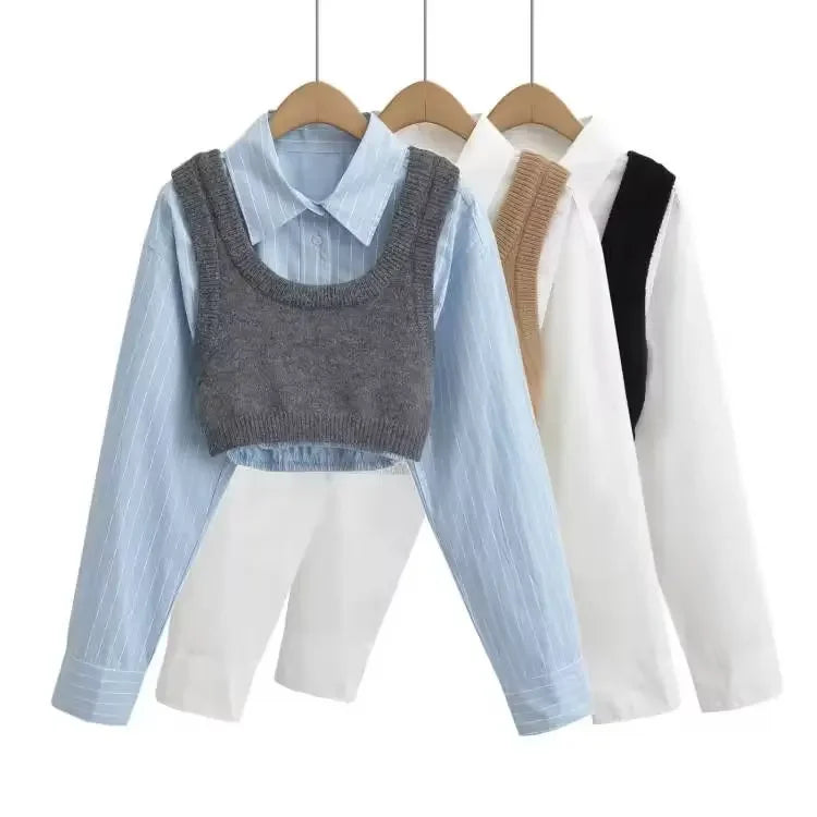HLJ&GG Autumn Knit Vest Shirts Two Piece Sets Women Lapel Button Long Sleeve Top And Mini Skirts Outfits Fashion Retro 2pcs Suit