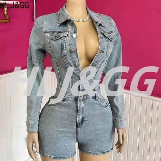 HLJ&GG Blue Fashion Pocket jeans Bodycon Rompers Women V Neck Long Sleeve Slim Cowboy One Piece Jumpsuits Sexy Female Overalls