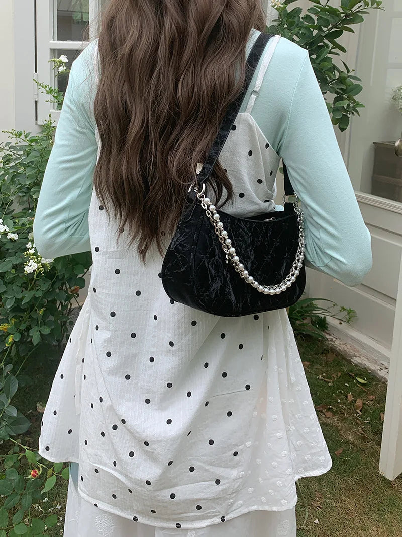 Pink Shoulder Bag Elegant Cute Bow Pearl Chains Bow Embroidery Handbag Casual Leather Korean Fashion Female Handbag