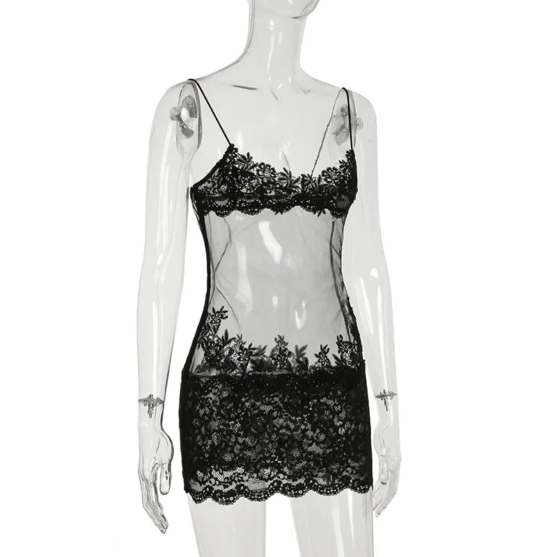 Weird Puss Y2K Party Lace Patchwork Dress Women Sexy 2025 Summer Trend Sleeveless Low-Neck Stretch Midnight Clubwear Bodycon