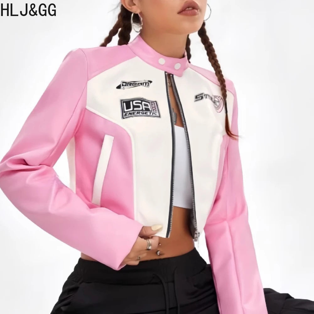 HLJ&GG Pink Letter Print Leather Jacket 3 Piece Sets Women Vest+Long Sleeve Crop Top+Shorts Outfits Fashion Cool Girl Streetwear
