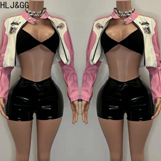 HLJ&GG Pink Letter Print Leather Jacket 3 Piece Sets Women Vest+Long Sleeve Crop Top+Shorts Outfits Fashion Cool Girl Streetwear