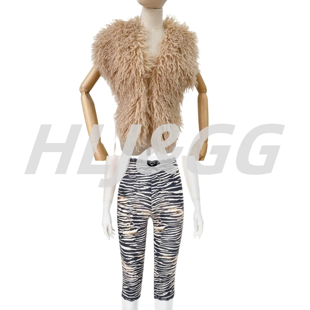 HLJ&GG Fashion Hot Girl Fur Feather Halter Top Two Piece Sets Women Sleeveless Backless Slim Waistcoat And Leopard Shorts Outfit