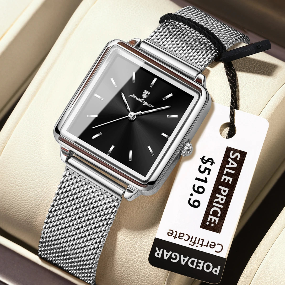 POEDAGAR Fashion Ladies Watch Waterproof Square Elegant Watch, Mesh Stainless Steel Quartz, lady's Watches, Reloj