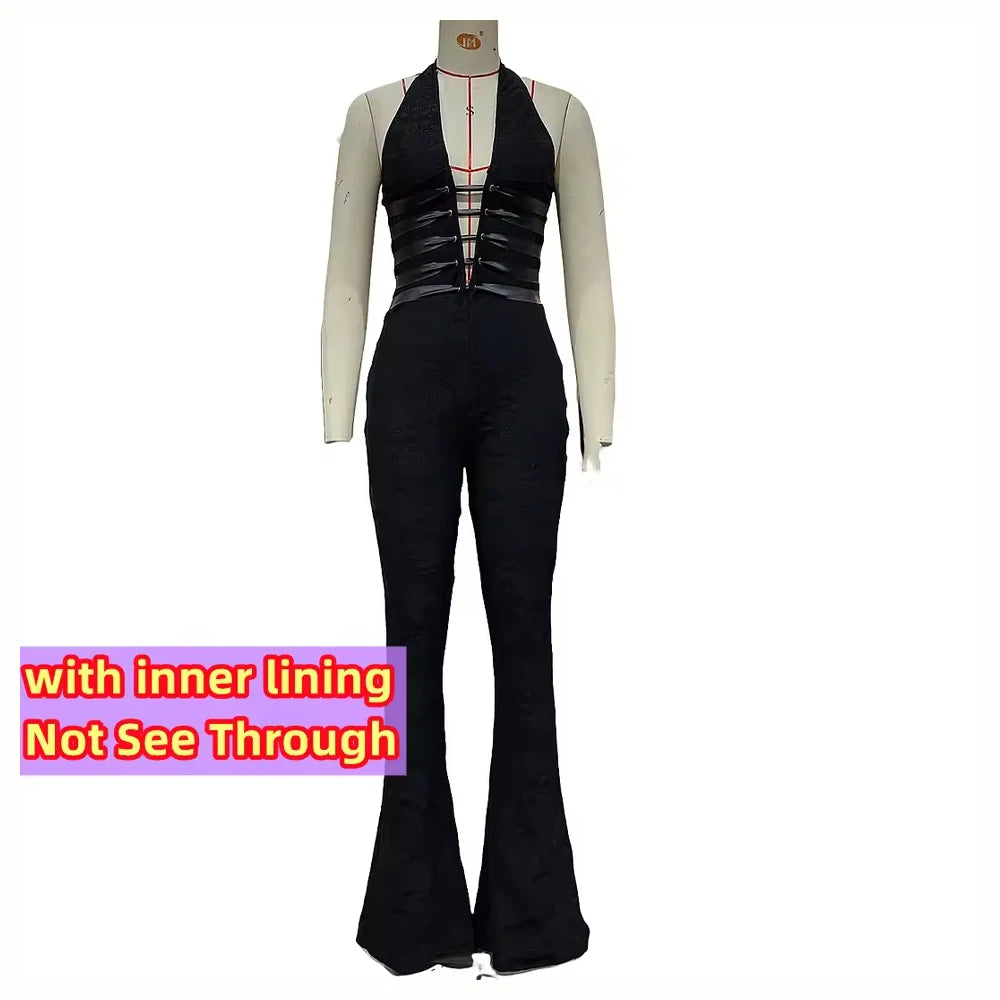 Weird Puss Hollow Bandage Jumpsuits Women Halter Sexy Jacquard Backless Sleeveless Skinny Street Workout Club Hipster Overalls