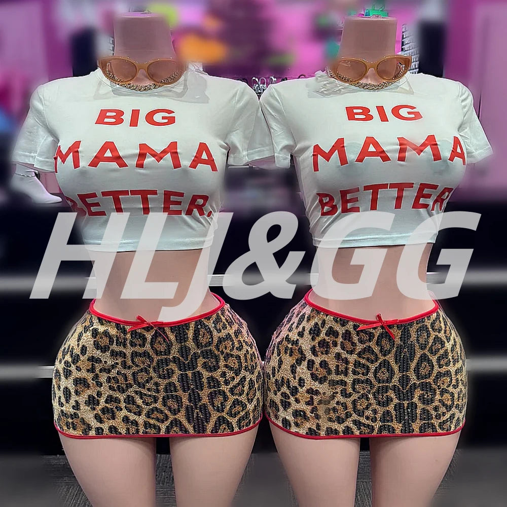 HLJ&GG Fashion Y2K Sequin Leopard Mini Skirts Two Piece Sets Women O Neck Short Sleeve Slim Croptop And Skirts Outfit Streetwear