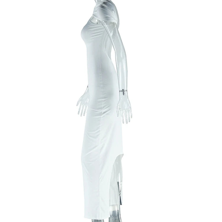 STYLISH LADY White Backless Maxi Dress 2025 Summer Women Halter Bodycon Solid Sexy Club Party High Spit Asymmetrical Long Dress