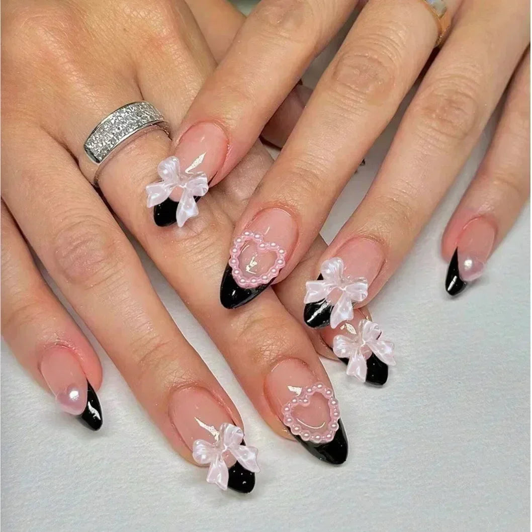 24pcs French Almond Press on Nails Leopard Print False Nails 3D Bow Wearable Stick-on Nails Fake Nail Uñas Накладные Ногти 네일팁