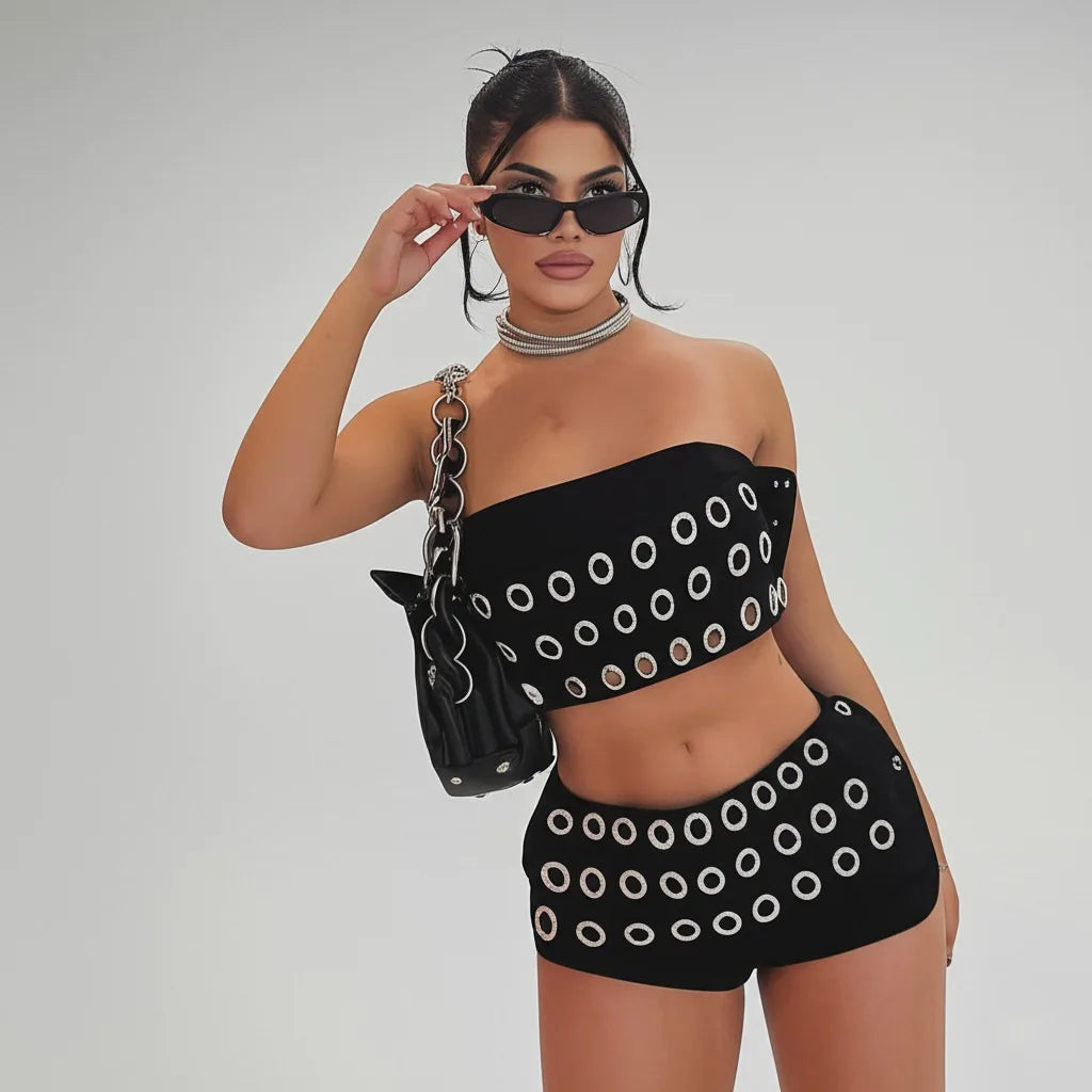 FAGADOER Y2K Sexy Hollow Out Patchwork 2 Pieces Set for Woman Sleeveless Backless Crop Top and Shorts Outfits Female Streetwear