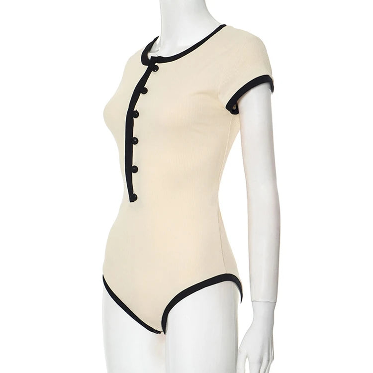 STYLISH LADY Ribbed Button Bodysuits 2025 Summer Women Short Sleeve O Neck Black Nude Sexy Club Street Bodycon Rompers