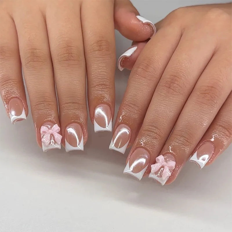 White French Press on Nails 3D Bowknot Fake Nails Tips Full Cover Wearable False Nails for Women and Girls DIY 24Pcs