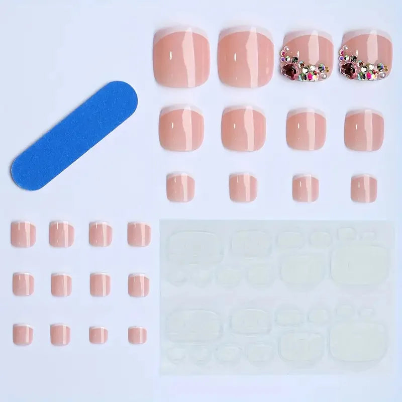 24pcs French False Toenails Glitter Diamond Decor Fake Toe nails Wearable Detachabe Ins Simple Summer Press on Nails for foot