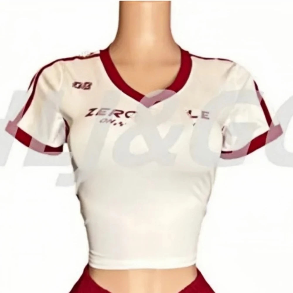 HLJ&GG Red American Vintage Letter Streetwear Women V Neck Short Sleeve Slim Crop Top And Ruched Shorts Two Piece Sets Outfits