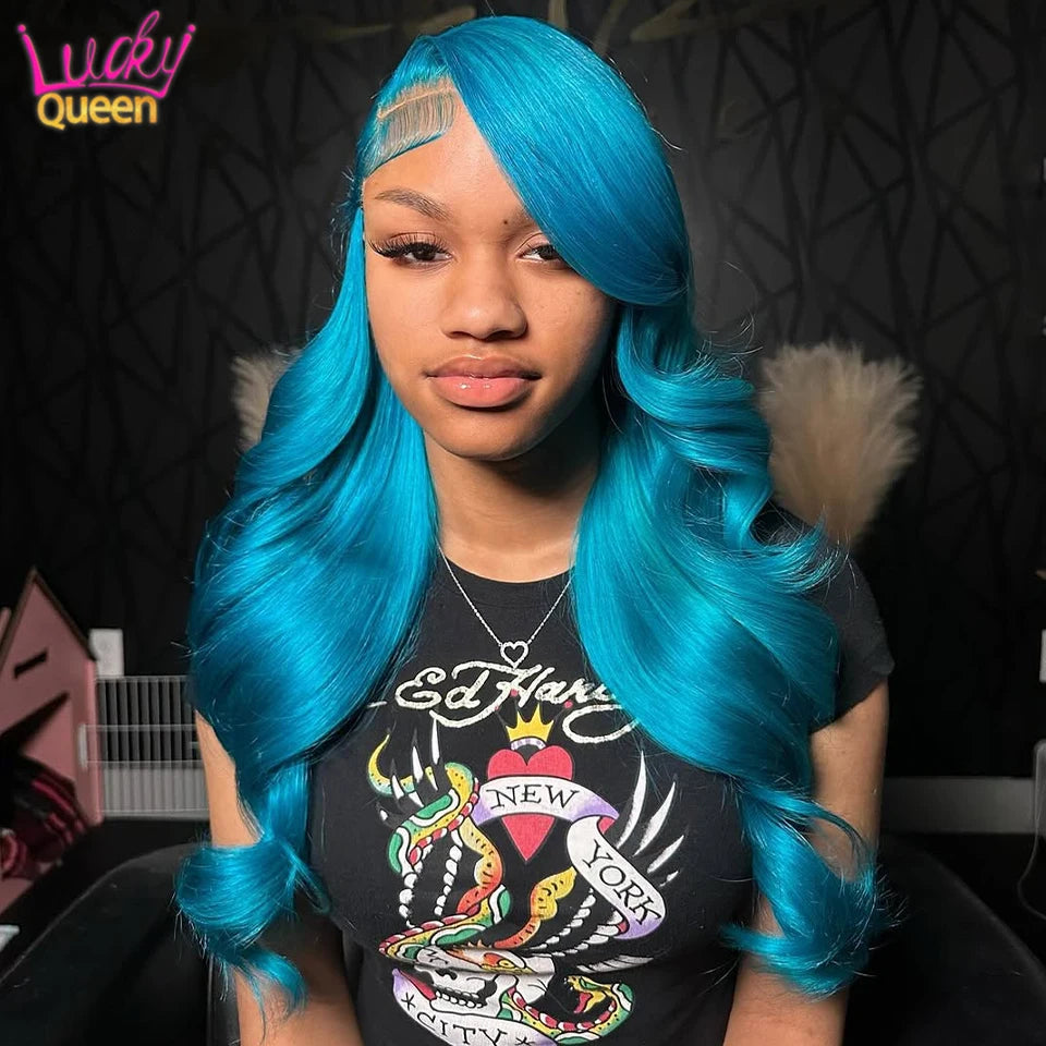 180 Density Sky Blue Human Hair 613 Colorful Wig Lace Front 13X6 Transparent Lace Pre Plucked Body Wave 13X4 For Women Baby Hair