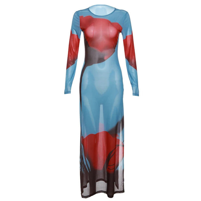 Weird Puss See Through Dress Women Rose Print Sexy Mesh Summer Trend Skinny Elastic Long Sleeve Side Split Maxi Bodycon Vestidos