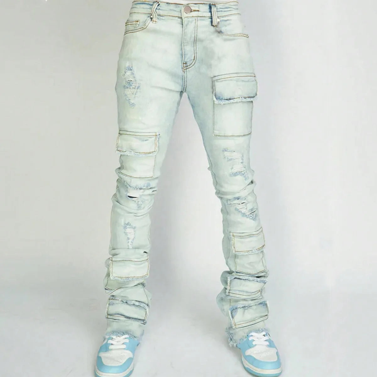 Men Jeans Long Pant Denim Flare Pants Hole Straight Trousers Slim Fit High Waist Casual Button Pocket Splice Autumn Winter